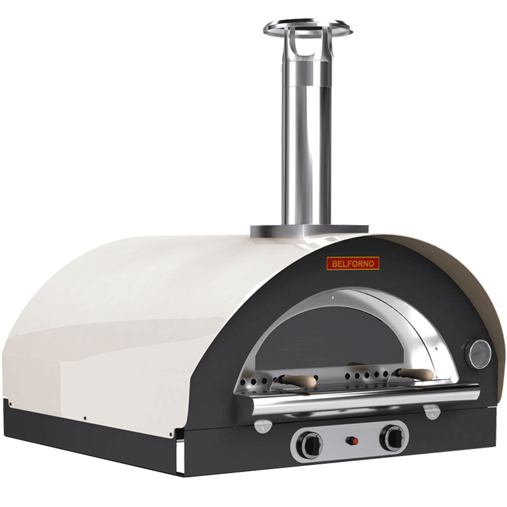 45-degree angle view of the linen-colored Belforno Grande Countertop Gas-fired Pizza Oven