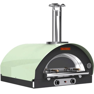 45-degree angle view of the pistachio-colored Belforno Grande Countertop Gas-fired Pizza Oven