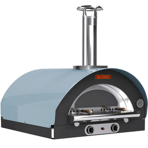 45-degree angle view of the sky blue-colored Belforno Grande Countertop Gas-fired Pizza Oven